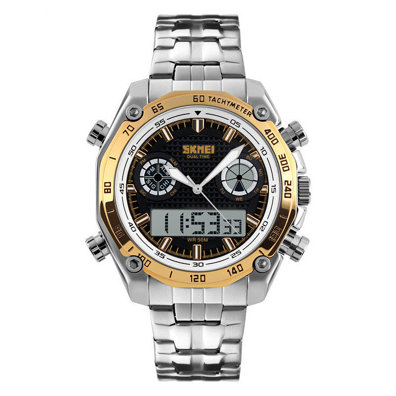 HKM-658131 Men's Quartz Watch with Luminous Function, Dual Time, Alarm, Calendar, Waterproof, Stainless Steel Strap, 48mm Dial
