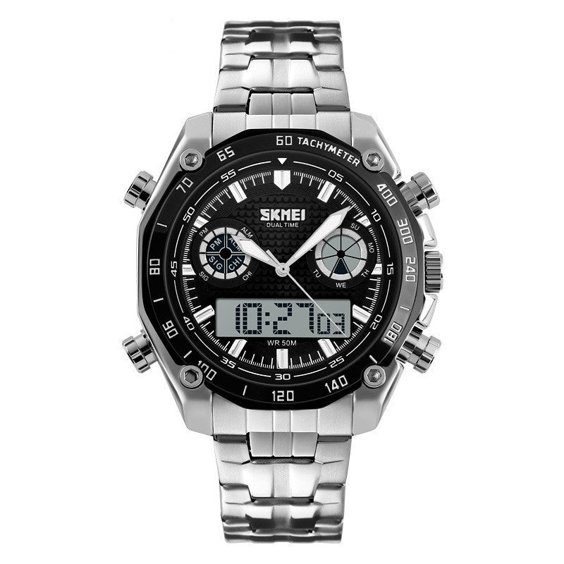 HKM-658131 Men's Quartz Watch with Luminous Function, Dual Time, Alarm, Calendar, Waterproof, Stainless Steel Strap, 48mm Dial