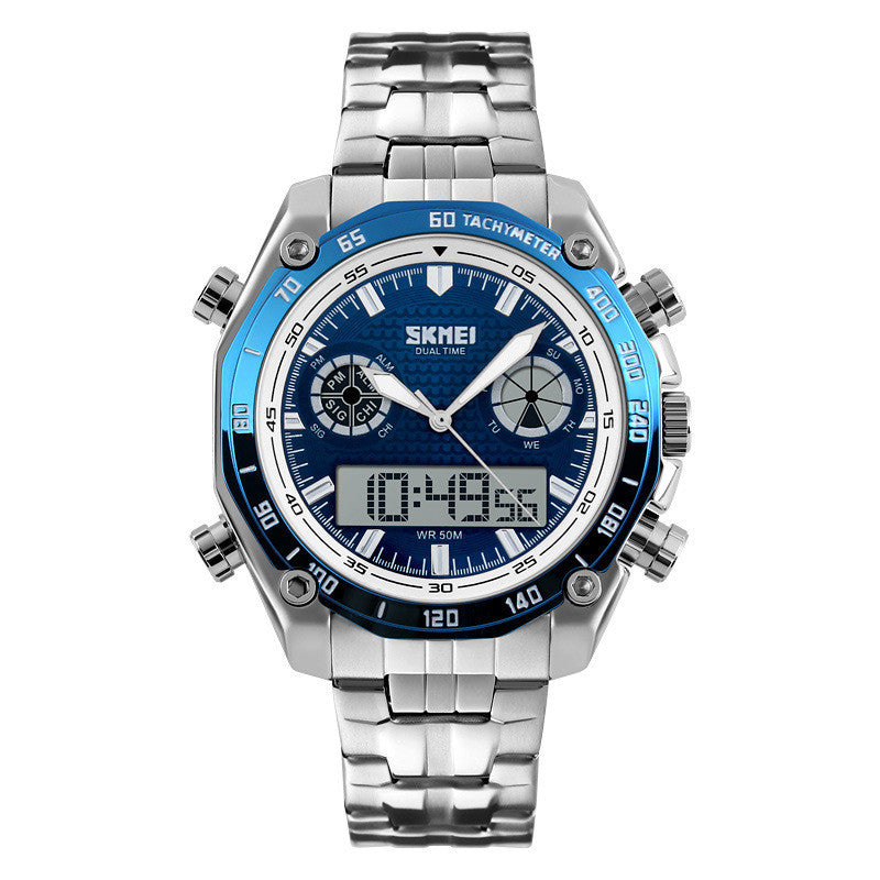 HKM-658131 Men's Quartz Watch with Luminous Function, Dual Time, Alarm, Calendar, Waterproof, Stainless Steel Strap, 48mm Dial