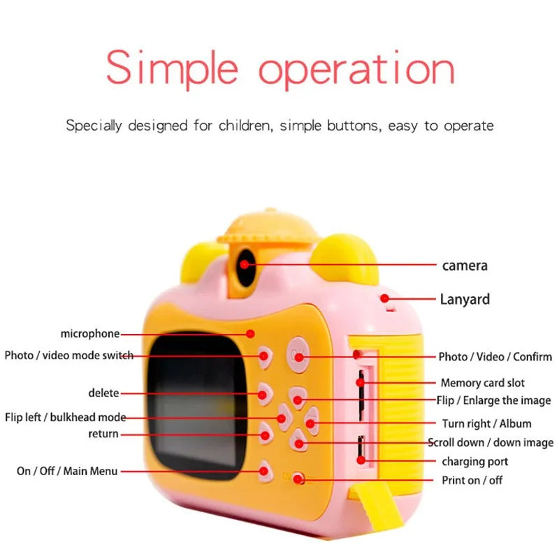 HKM-658195 1080p HD Mini Instant Print Camera for Kids with Rechargeable Battery and 2 Inch Color Screen
