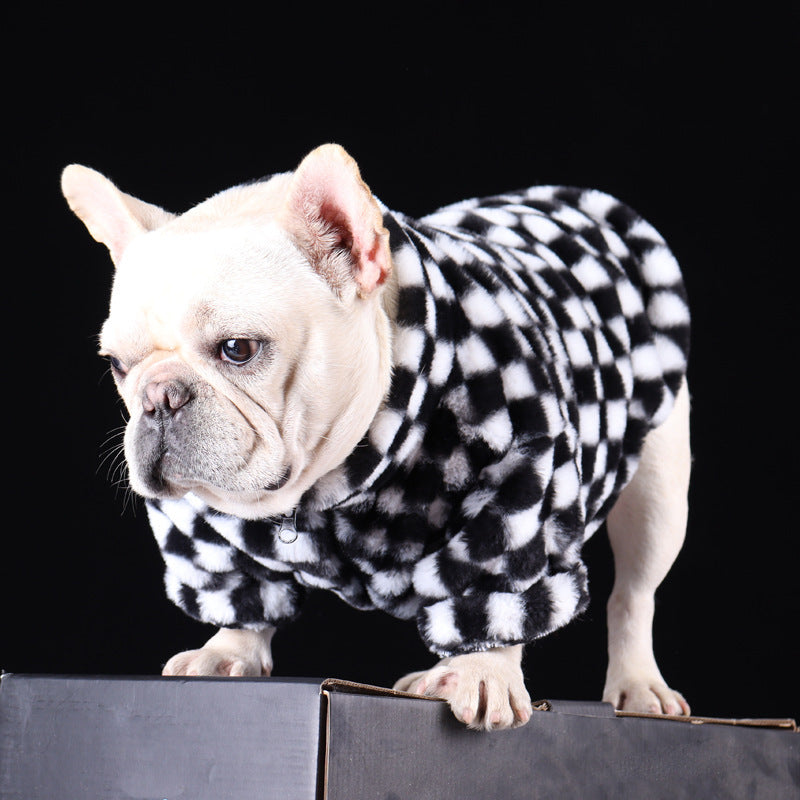 HKM-659219 Black and White Checkerboard Plaid Plush Dog Coat for Fashionable Casual Wear