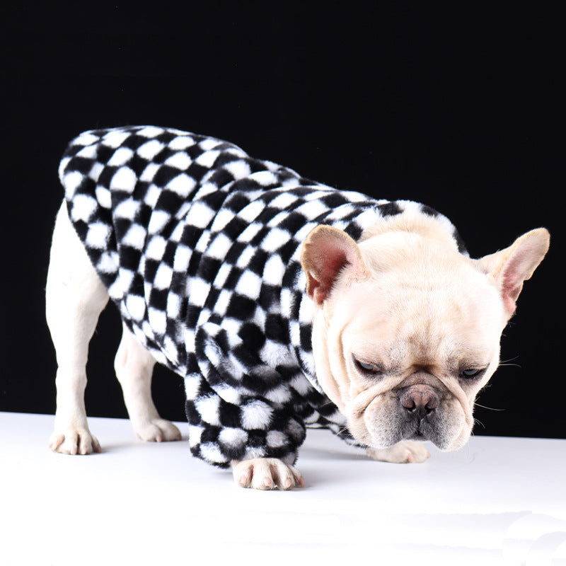 HKM-659219 Black and White Checkerboard Plaid Plush Dog Coat for Fashionable Casual Wear