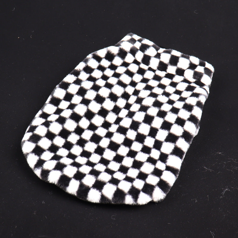 HKM-659219 Black and White Checkerboard Plaid Plush Dog Coat for Fashionable Casual Wear