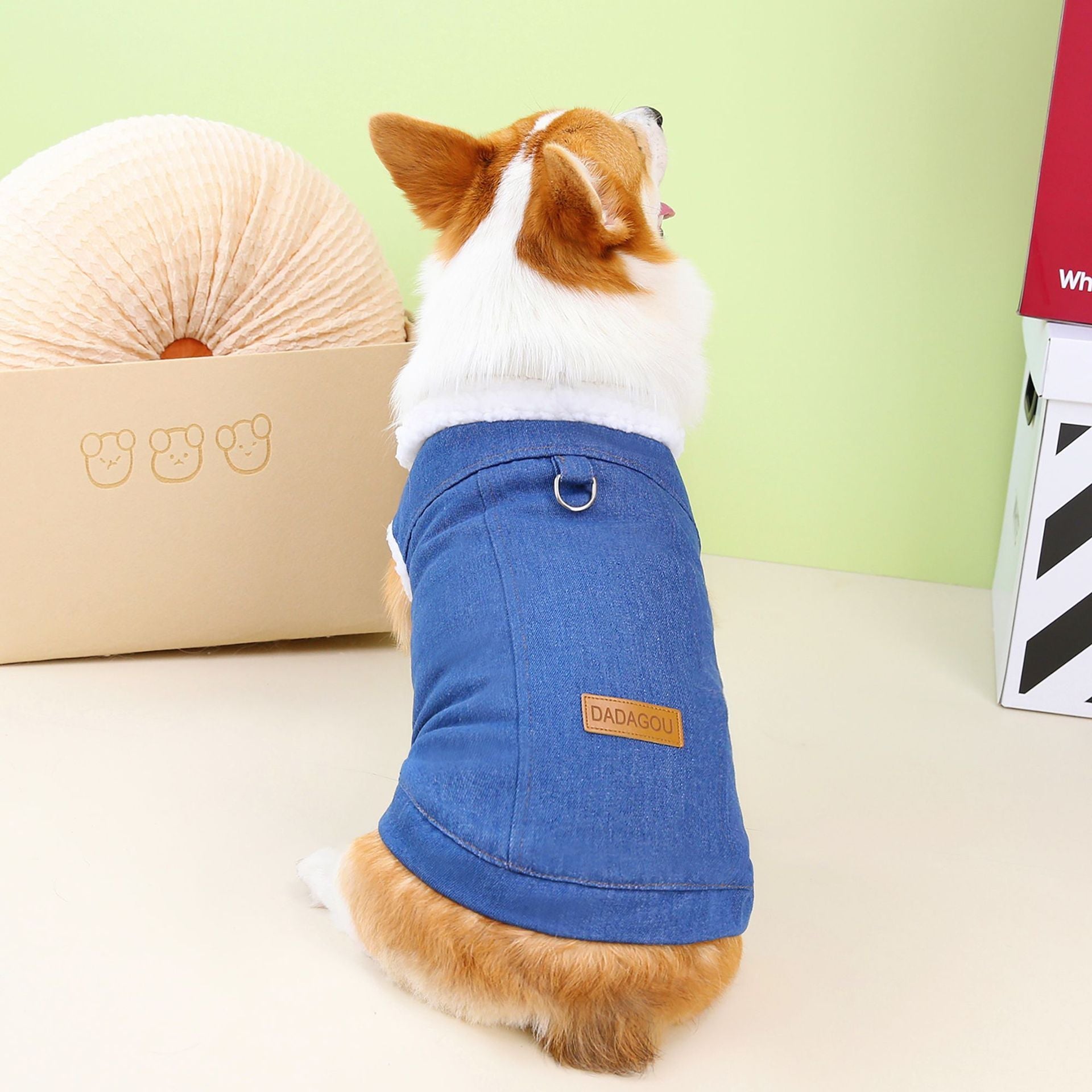 HKM-659923 Denim Cotton Coat for Corgis in Dark Blue and Light Blue, Available in Multiple Sizes
