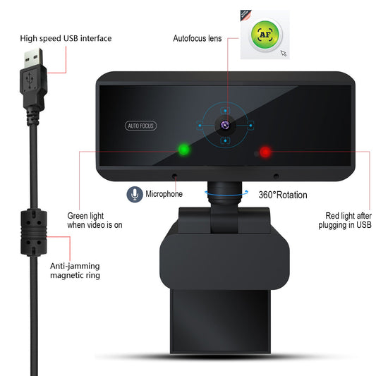 HKM-660115 1080P Auto Focus Webcam with 6-Layer Glass Lens and Noise-Canceling Microphone