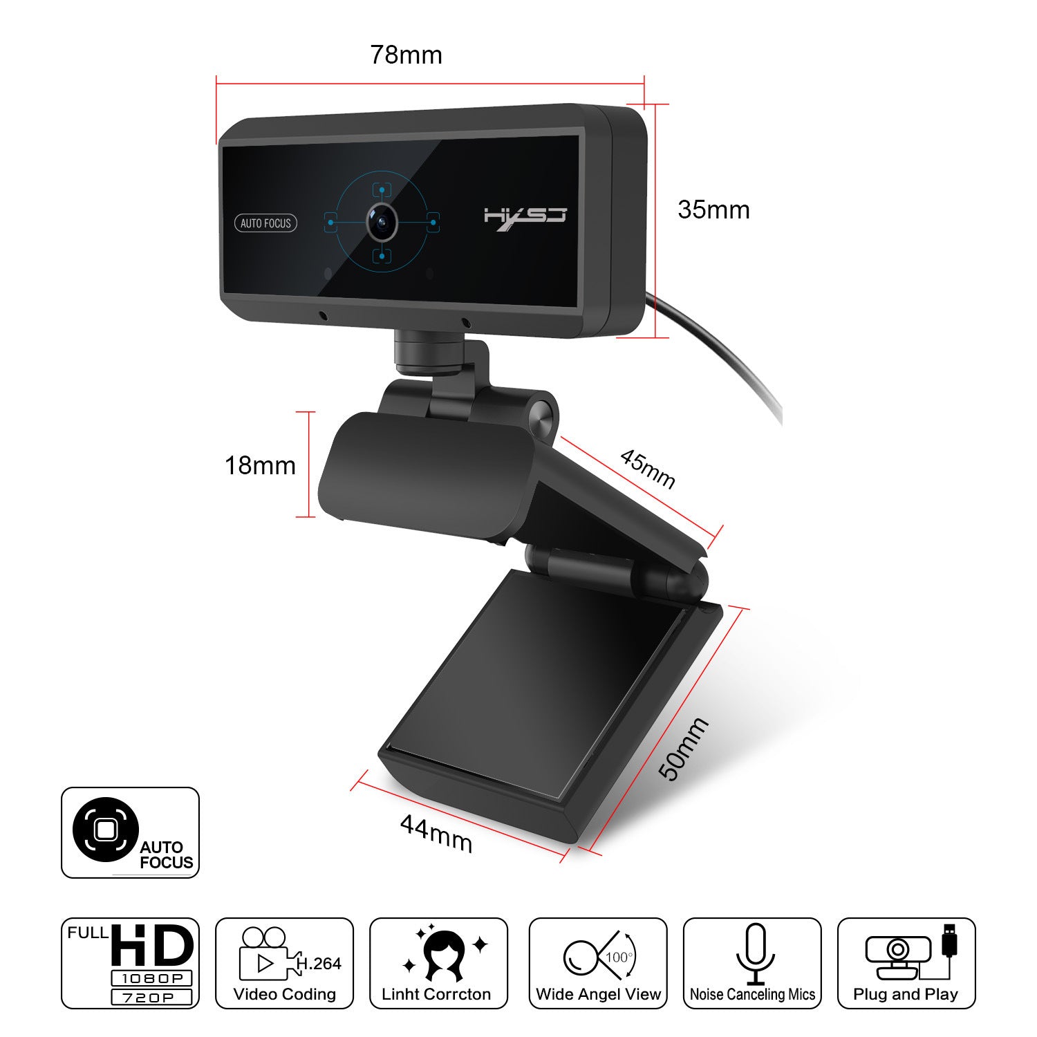 HKM-660115 1080P Auto Focus Webcam with 6-Layer Glass Lens and Noise-Canceling Microphone