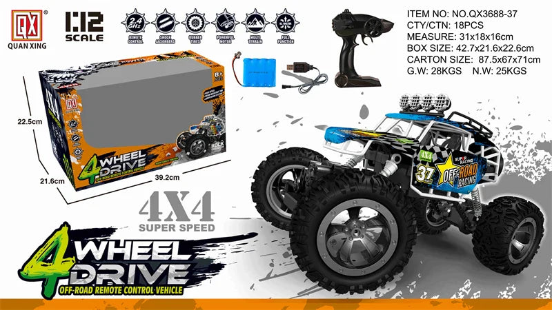 HKM-660179 Alloy RC Off-Road Climbing Truck for Boys, 1/12 Scale Remote Control Buggy, Indoor-Outdoor Fun