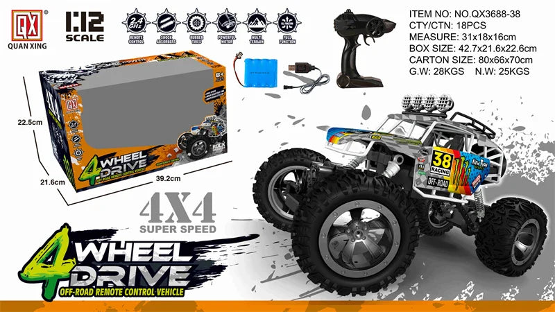 HKM-660179 Alloy RC Off-Road Climbing Truck for Boys, 1/12 Scale Remote Control Buggy, Indoor-Outdoor Fun