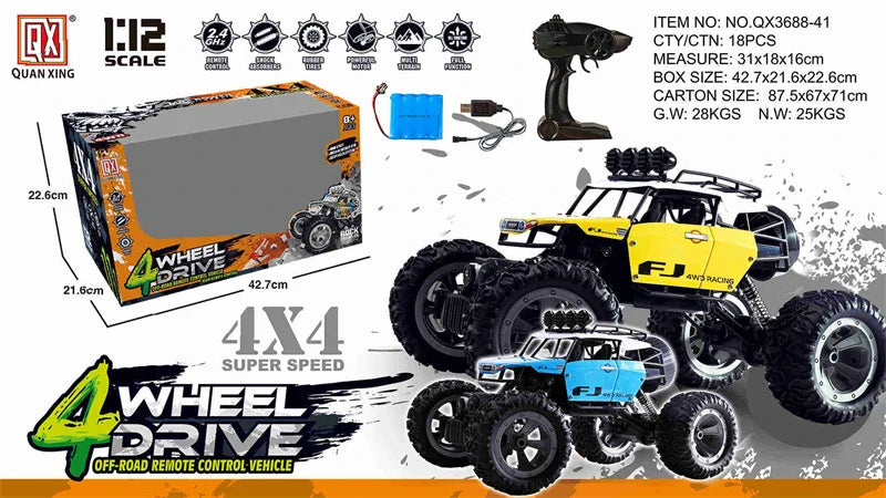 HKM-660179 Alloy RC Off-Road Climbing Truck for Boys, 1/12 Scale Remote Control Buggy, Indoor-Outdoor Fun