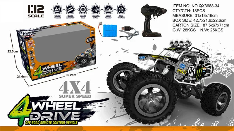 HKM-660179 Alloy RC Off-Road Climbing Truck for Boys, 1/12 Scale Remote Control Buggy, Indoor-Outdoor Fun