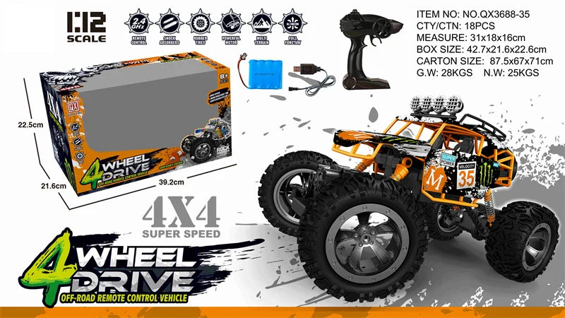 HKM-660179 Alloy RC Off-Road Climbing Truck for Boys, 1/12 Scale Remote Control Buggy, Indoor-Outdoor Fun