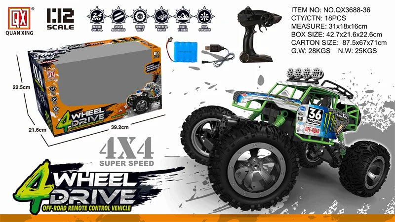 HKM-660179 Alloy RC Off-Road Climbing Truck for Boys, 1/12 Scale Remote Control Buggy, Indoor-Outdoor Fun