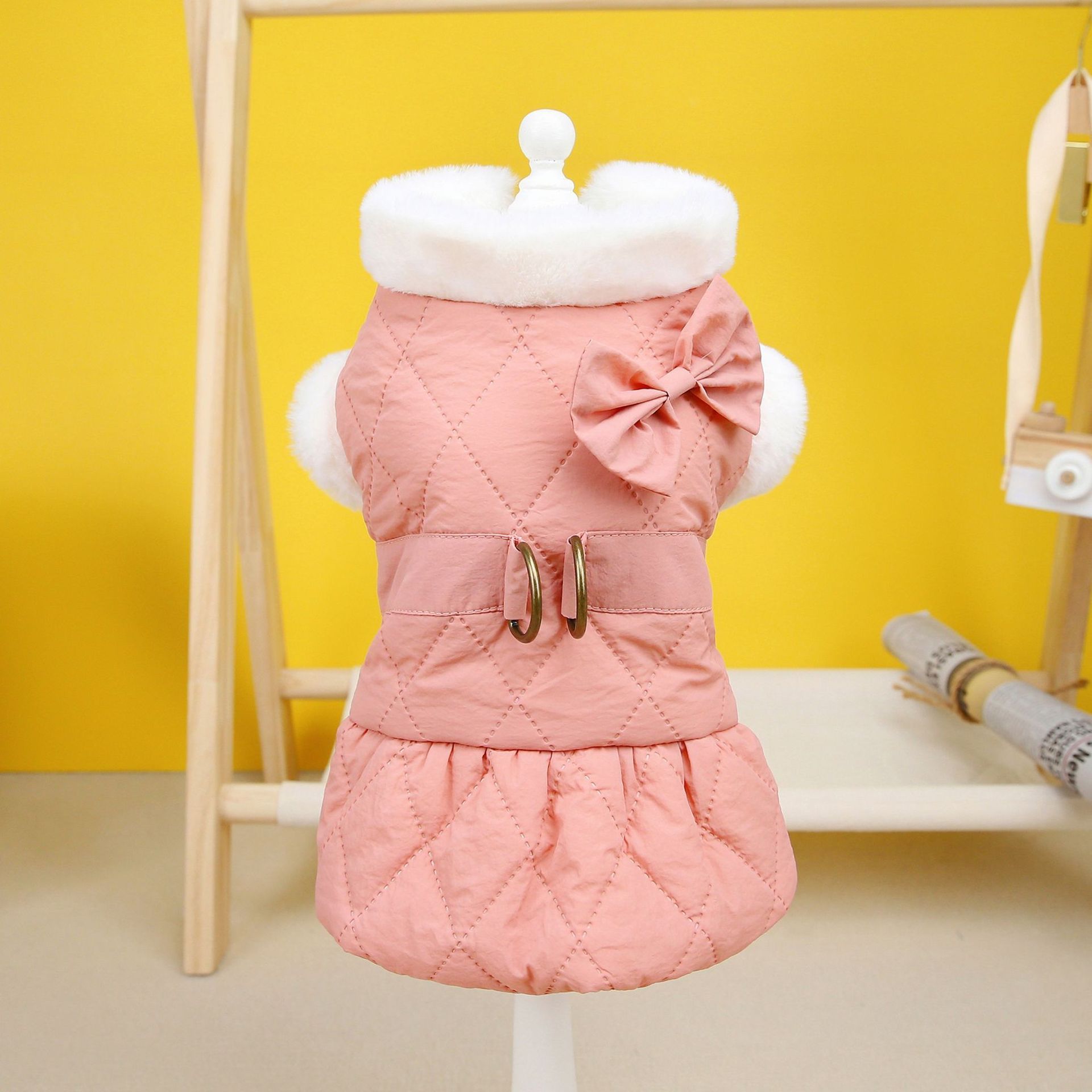 HKM-660435 Cotton-Padded Butterfly Dress for Small Dogs in Apricot and Pink