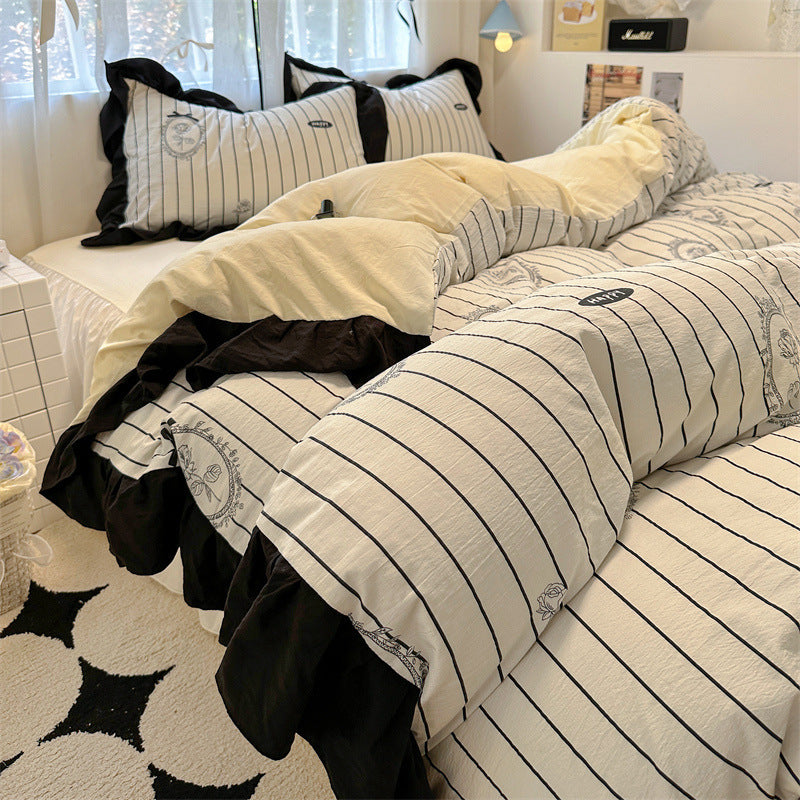 KTX-660563 Korean Style Washed Cotton Four-Piece Lace Bedding Set with Bed Skirt