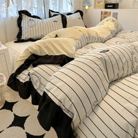 HKM-660563 Korean Style Washed Cotton Four-Piece Lace Bedding Set with Bed Skirt