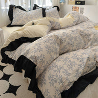 HKM-660563 Korean Style Washed Cotton Four-Piece Lace Bedding Set with Bed Skirt