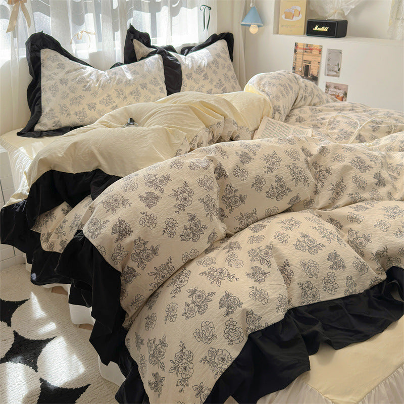 KTX-660563 Korean Style Washed Cotton Four-Piece Lace Bedding Set with Bed Skirt