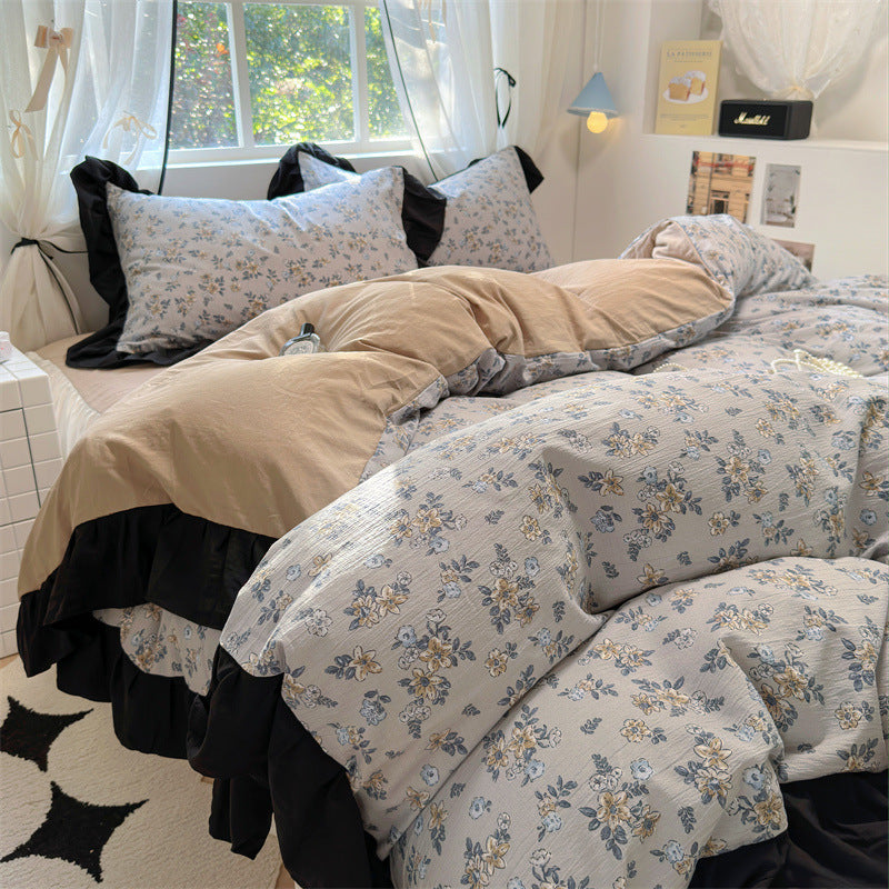 KTX-660563 Korean Style Washed Cotton Four-Piece Lace Bedding Set with Bed Skirt