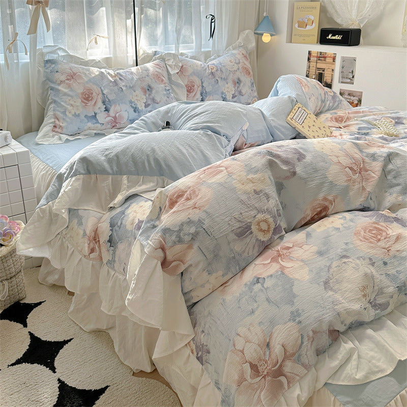 KTX-660563 Korean Style Washed Cotton Four-Piece Lace Bedding Set with Bed Skirt