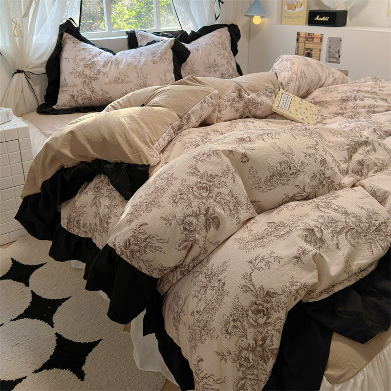 KTX-660563 Korean Style Washed Cotton Four-Piece Lace Bedding Set with Bed Skirt