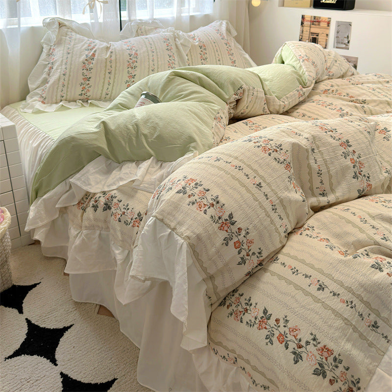 KTX-660563 Korean Style Washed Cotton Four-Piece Lace Bedding Set with Bed Skirt