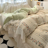 HKM-660563 Korean Style Washed Cotton Four-Piece Lace Bedding Set with Bed Skirt