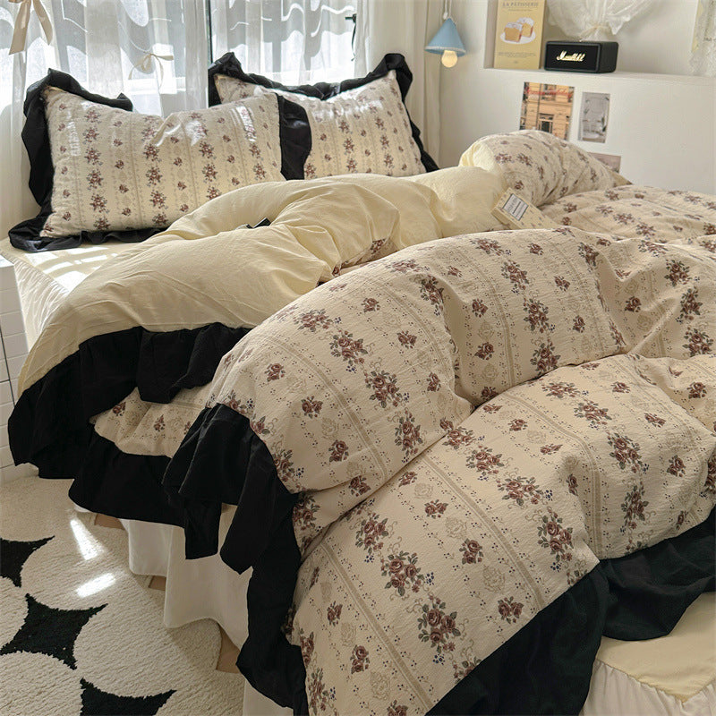 KTX-660563 Korean Style Washed Cotton Four-Piece Lace Bedding Set with Bed Skirt