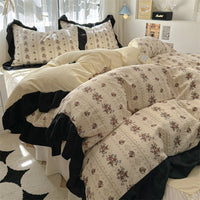HKM-660563 Korean Style Washed Cotton Four-Piece Lace Bedding Set with Bed Skirt
