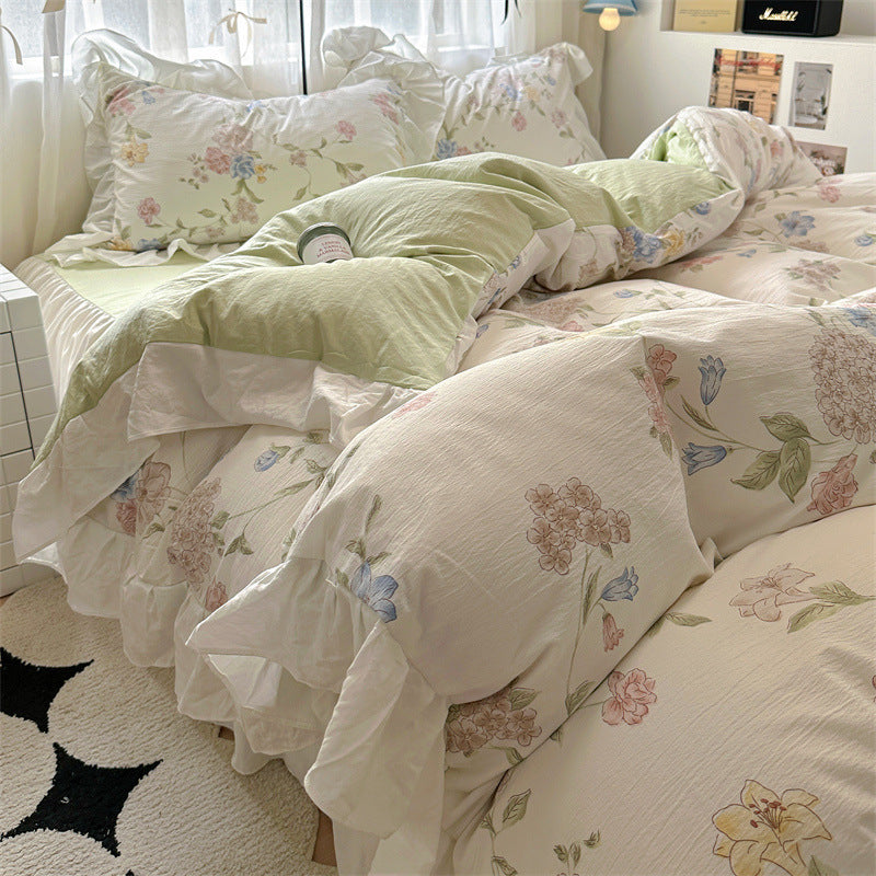 KTX-660563 Korean Style Washed Cotton Four-Piece Lace Bedding Set with Bed Skirt