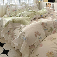 HKM-660563 Korean Style Washed Cotton Four-Piece Lace Bedding Set with Bed Skirt