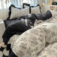 HKM-660563 Korean Style Washed Cotton Four-Piece Lace Bedding Set with Bed Skirt