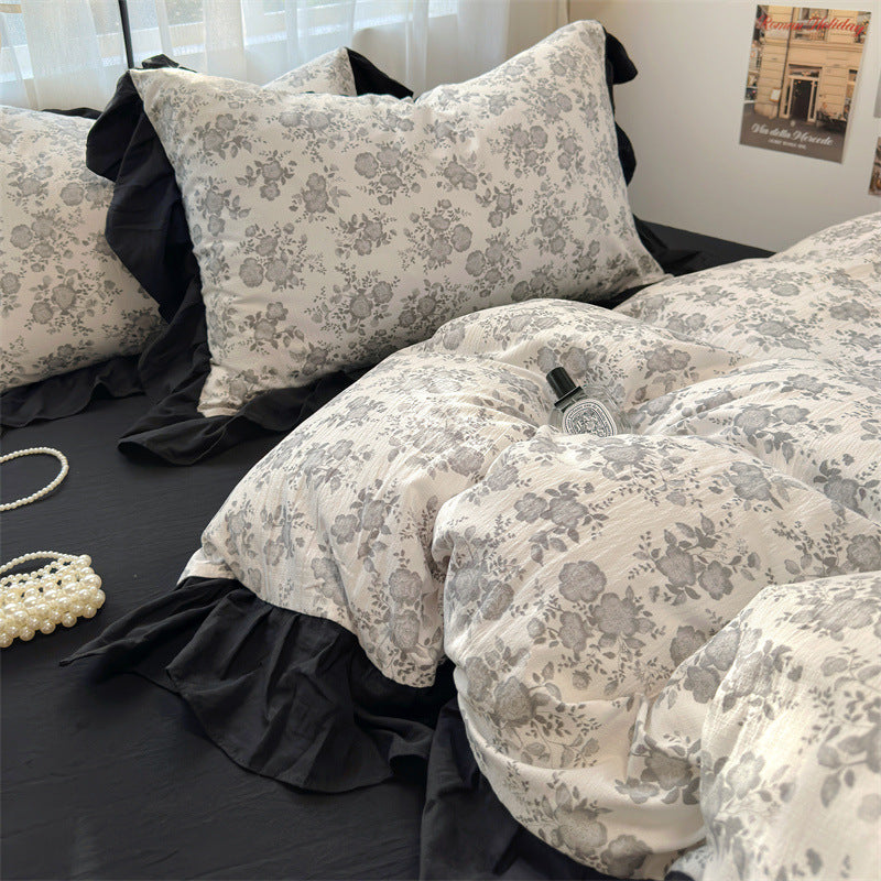 KTX-660563 Korean Style Washed Cotton Four-Piece Lace Bedding Set with Bed Skirt