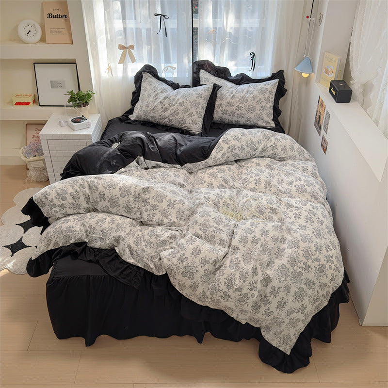 KTX-660563 Korean Style Washed Cotton Four-Piece Lace Bedding Set with Bed Skirt