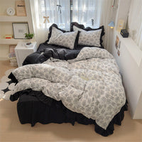 HKM-660563 Korean Style Washed Cotton Four-Piece Lace Bedding Set with Bed Skirt