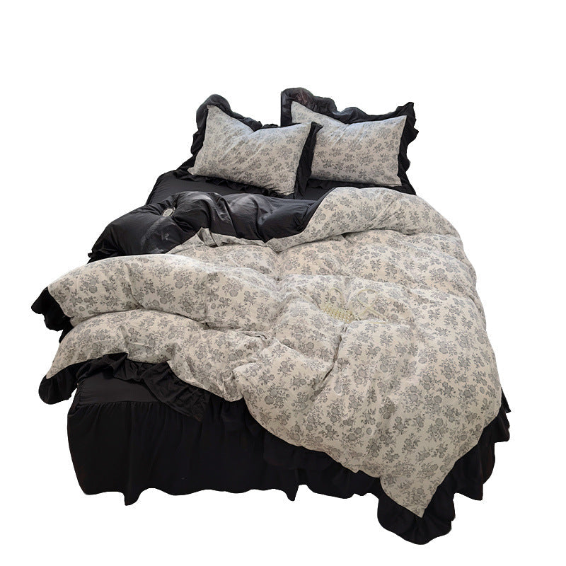 KTX-660563 Korean Style Washed Cotton Four-Piece Lace Bedding Set with Bed Skirt