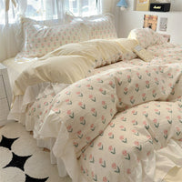 HKM-660563 Korean Style Washed Cotton Four-Piece Lace Bedding Set with Bed Skirt
