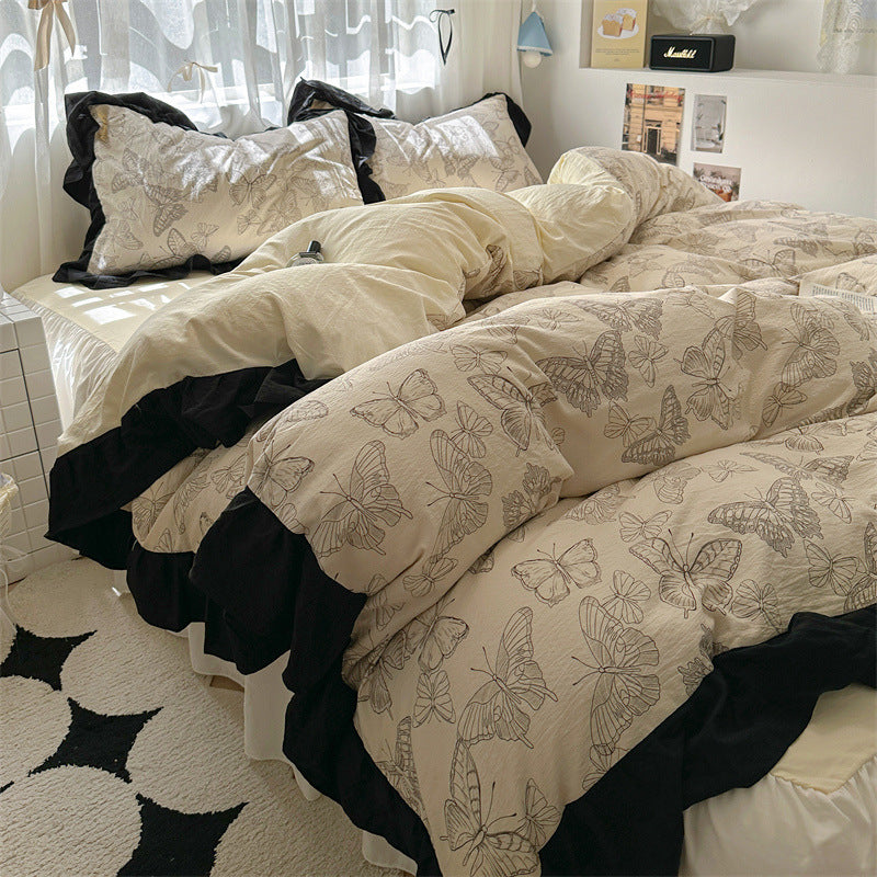 KTX-660563 Korean Style Washed Cotton Four-Piece Lace Bedding Set with Bed Skirt