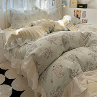 HKM-660563 Korean Style Washed Cotton Four-Piece Lace Bedding Set with Bed Skirt