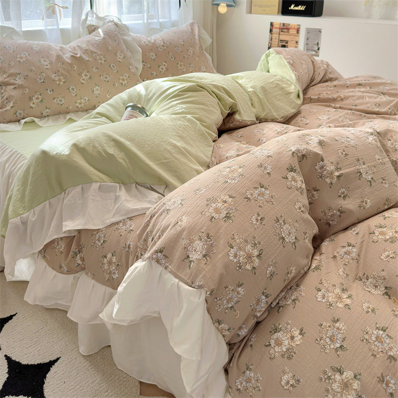 KTX-660563 Korean Style Washed Cotton Four-Piece Lace Bedding Set with Bed Skirt