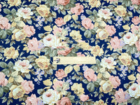 HKM-661715 Rose Flower Cotton Twill Fabric - Plants and Flowers Pattern in Blue and Coffee Variants, 0.5 x 1.6 M