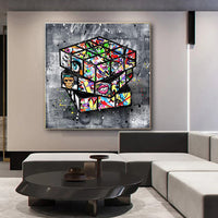 HKM-661843 Banksy-Inspired Graffiti Rubik's Cube Canvas Wall Art, Framed Decoration