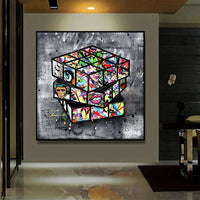 HKM-661843 Banksy-Inspired Graffiti Rubik's Cube Canvas Wall Art, Framed Decoration