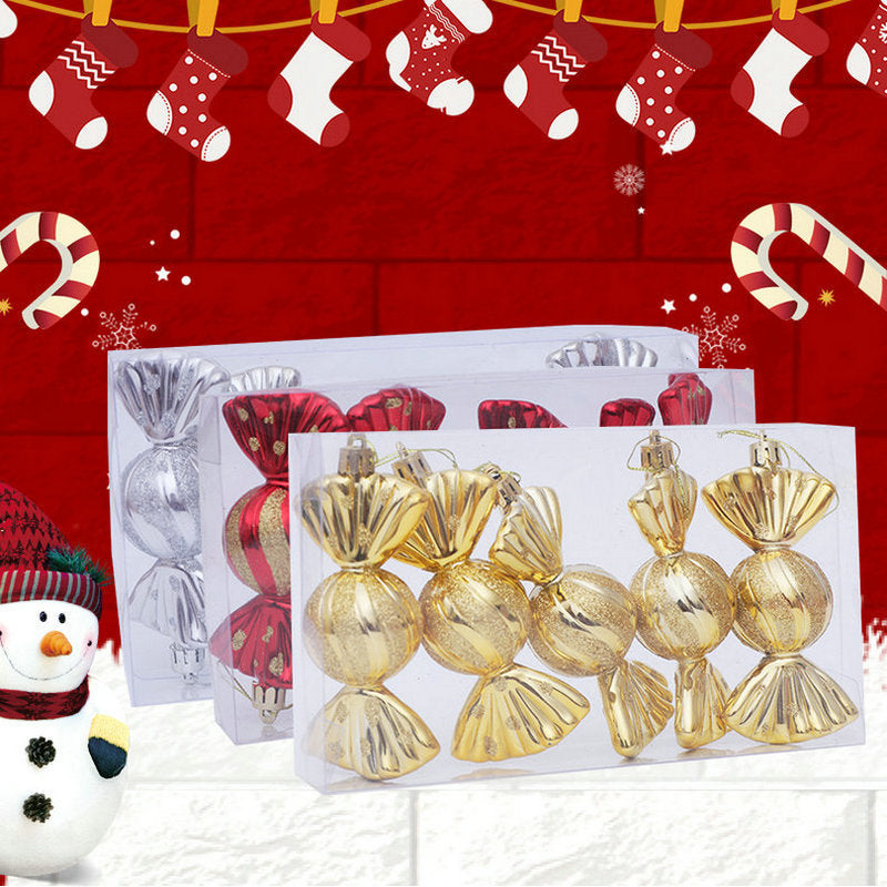 HKM-662355 Christmas Decoration Gift Box with 5 Electroplating Candy Props Pendants in Gold, Silver, and Red