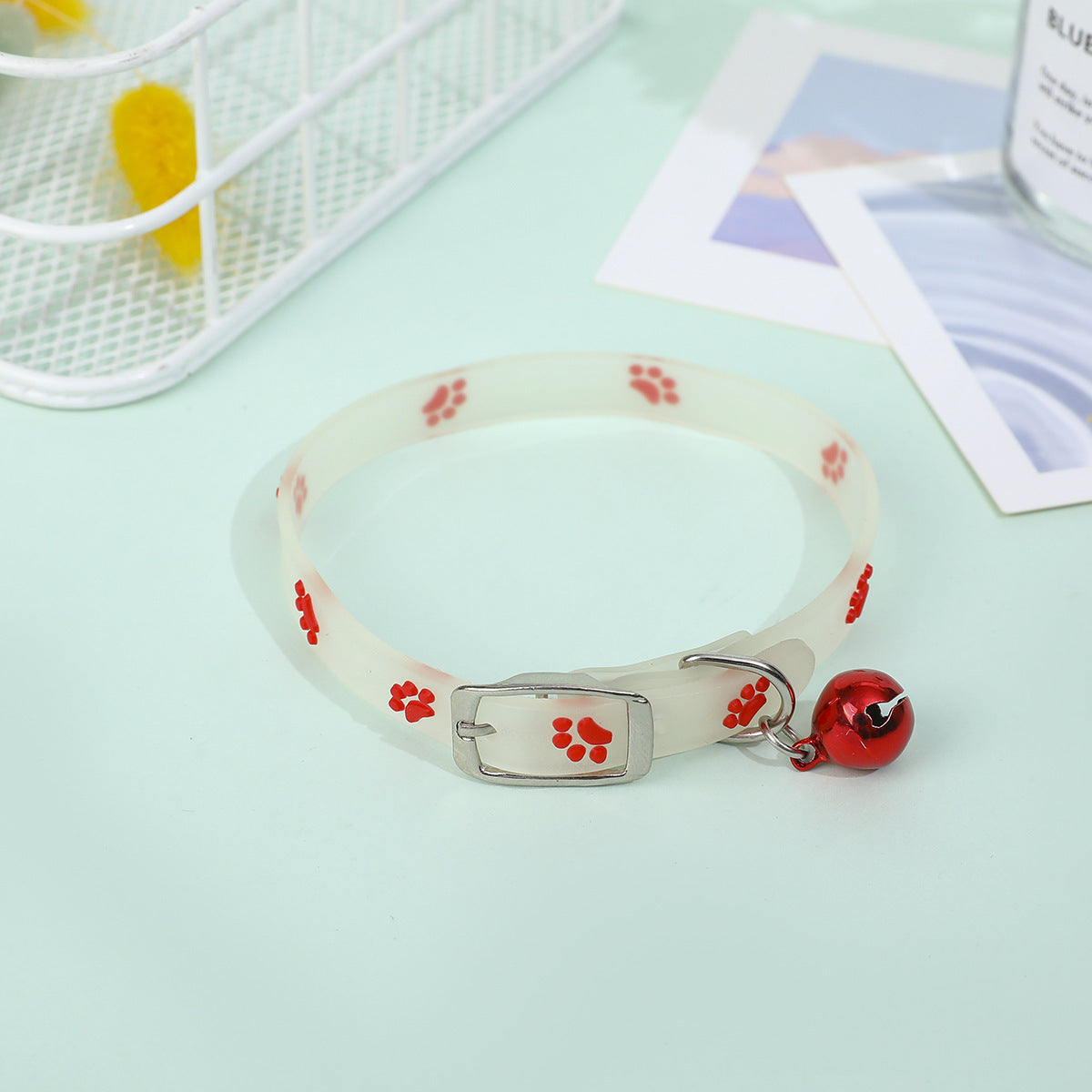 HKM-662931 Fluorescent Silicone Cat Collar with Luminous Paw Prints in Multiple Colors