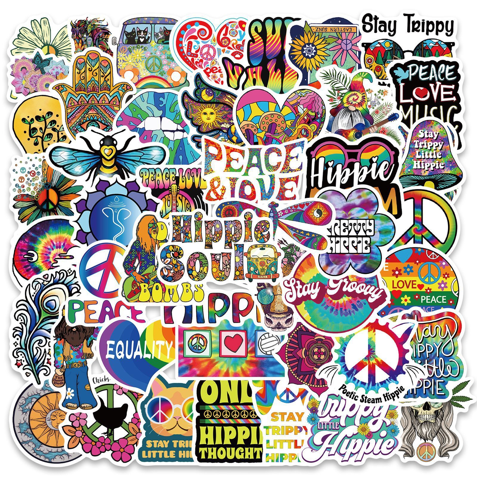 HKM-662931 Vibrant Cartoon Hippie Stickers Set - 50 Self-Adhesive Decorative Stickers for Smooth Surfaces