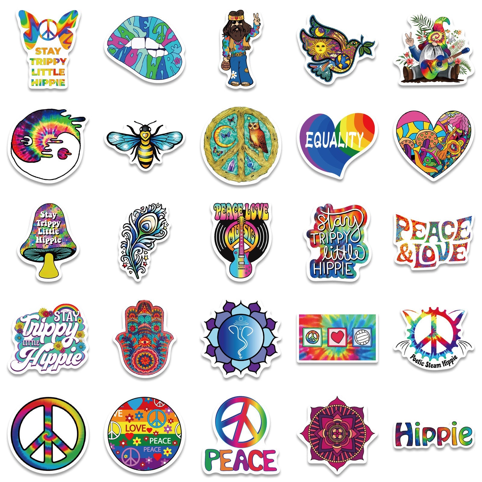 HKM-662931 Vibrant Cartoon Hippie Stickers Set - 50 Self-Adhesive Decorative Stickers for Smooth Surfaces