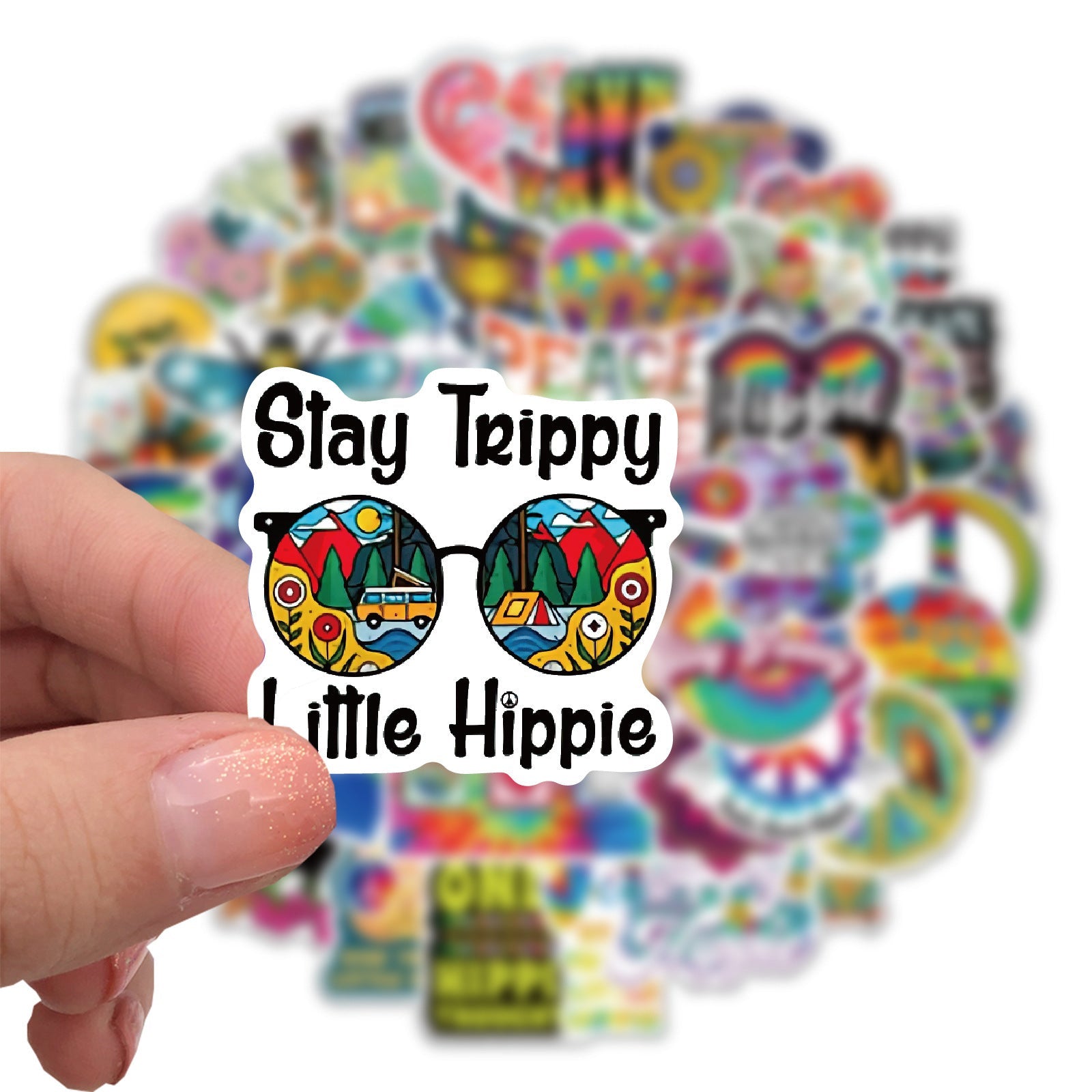 HKM-662931 Vibrant Cartoon Hippie Stickers Set - 50 Self-Adhesive Decorative Stickers for Smooth Surfaces