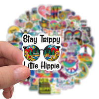 HKM-662931 Vibrant Cartoon Hippie Stickers Set - 50 Self-Adhesive Decorative Stickers for Smooth Surfaces