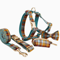 HKM-664083 Green Plaid Pet Collar and Leash Set for Dogs - Adjustable and Stylish Design