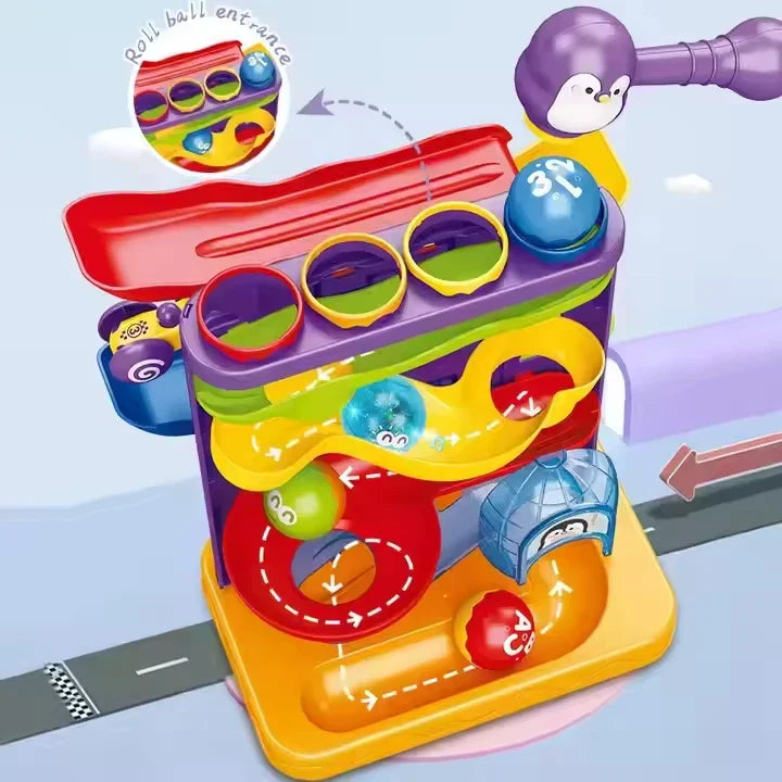 HKM-664467 Three-in-One Penguin Rolling Ball Toy Track for Kids Ages 2-7 - Educational Plastic Roller Coaster Game